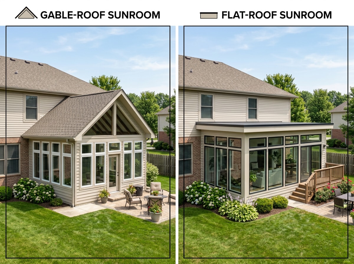 Exterior comparison of a gable-roof sunroom and a flat-roof studio sunroom addition on a home