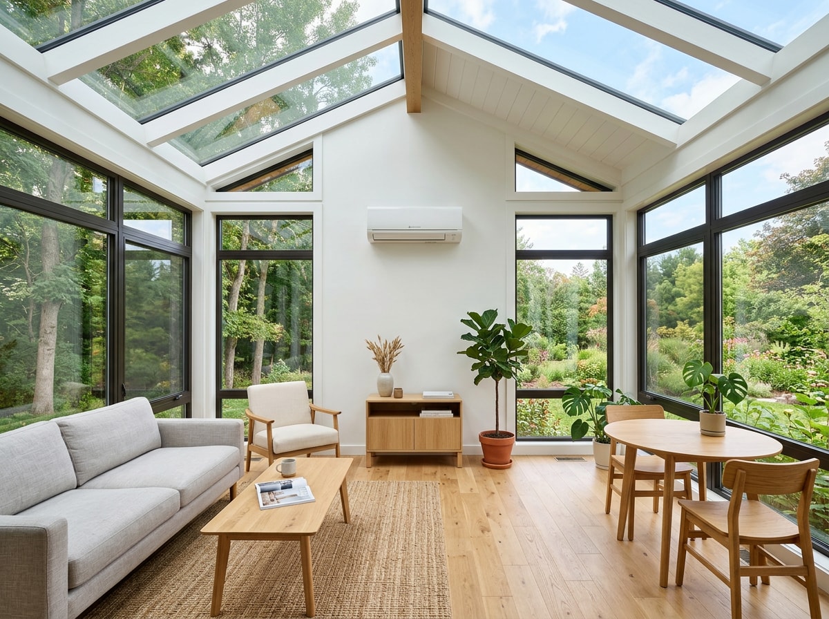 Four-season sunroom interior with a wall-mounted ductless mini-split unit and large insulated windows