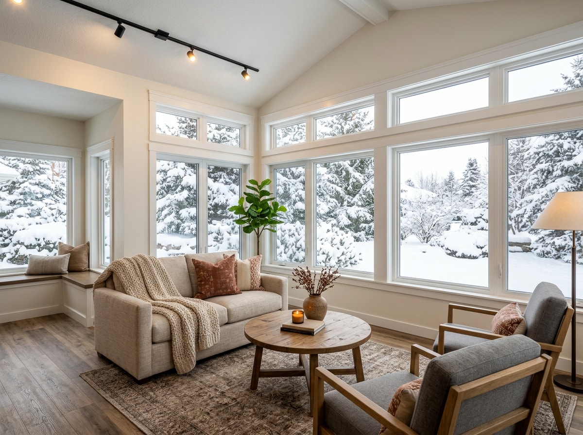 Finished four-season sunroom interior with matching trim, flooring, and large windows in winter