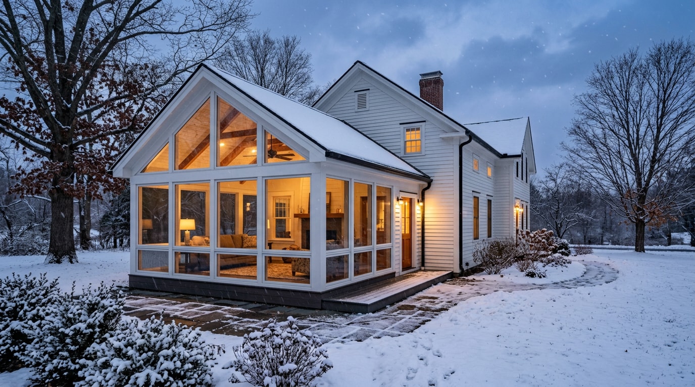 Finished four season sunroom addition on a home in Cobleskill, NY during winter