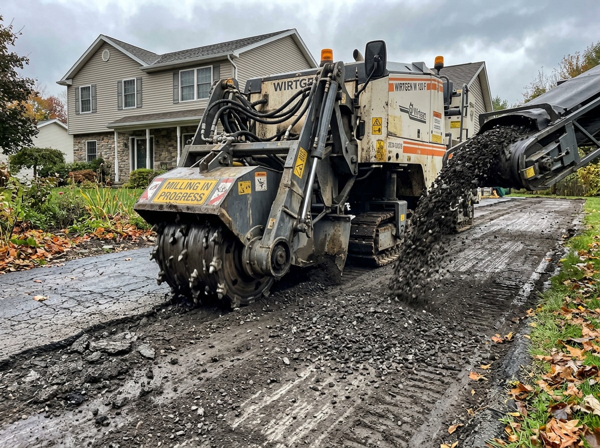 Asphalt milling machine removing damaged pavement layer on a Cooperstown, NY driveway