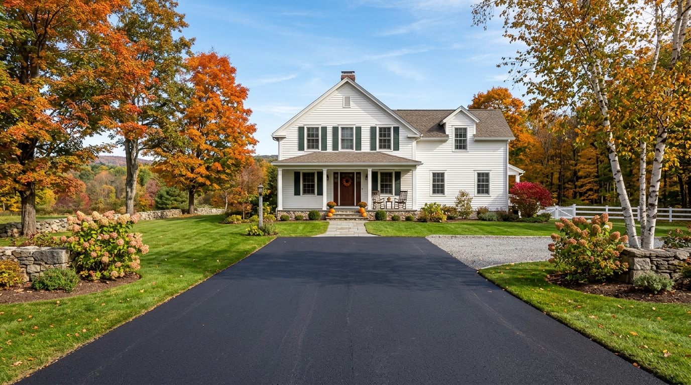 Freshly paved asphalt driveway at a residential home in Cooperstown, NY