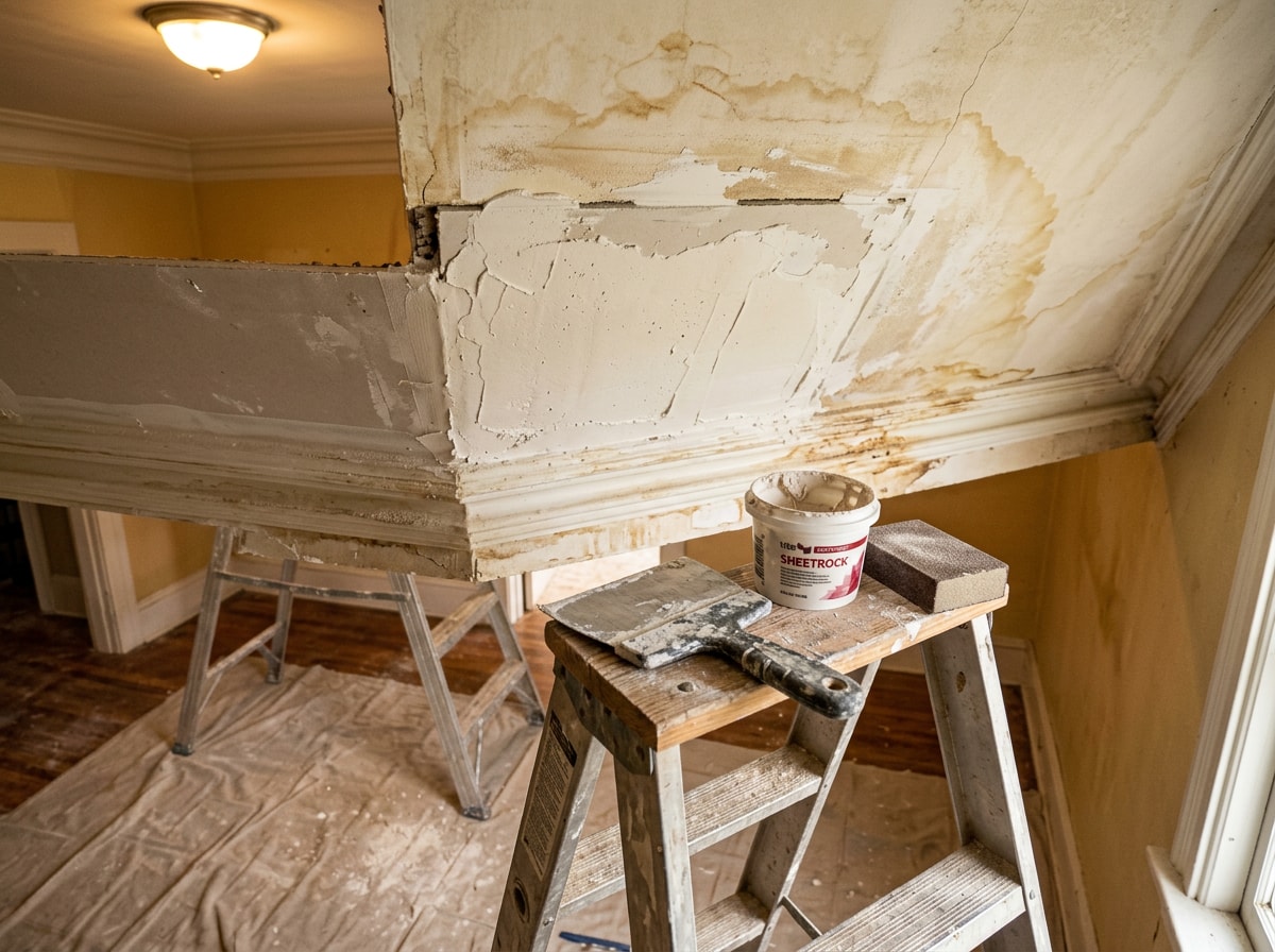 Ceiling contractor repairing a water-stained plaster ceiling in an older Endicott, NY home