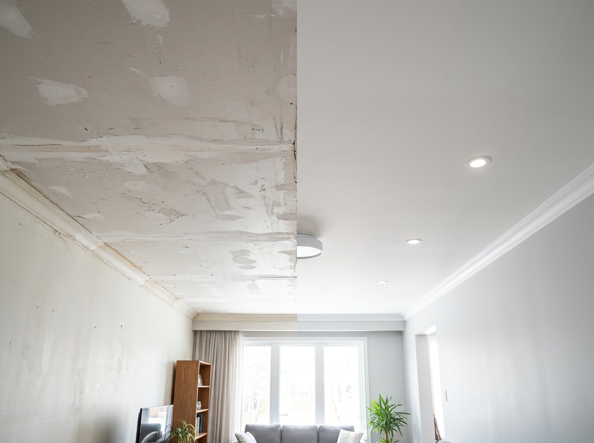 Side-by-side comparison of a patched drywall ceiling section next to a fully replaced ceiling in a renovated room