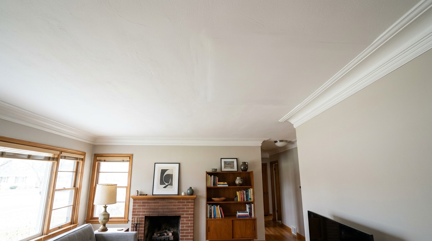 Freshly repaired ceiling in an Endicott, NY home blending drywall patch into original plaster