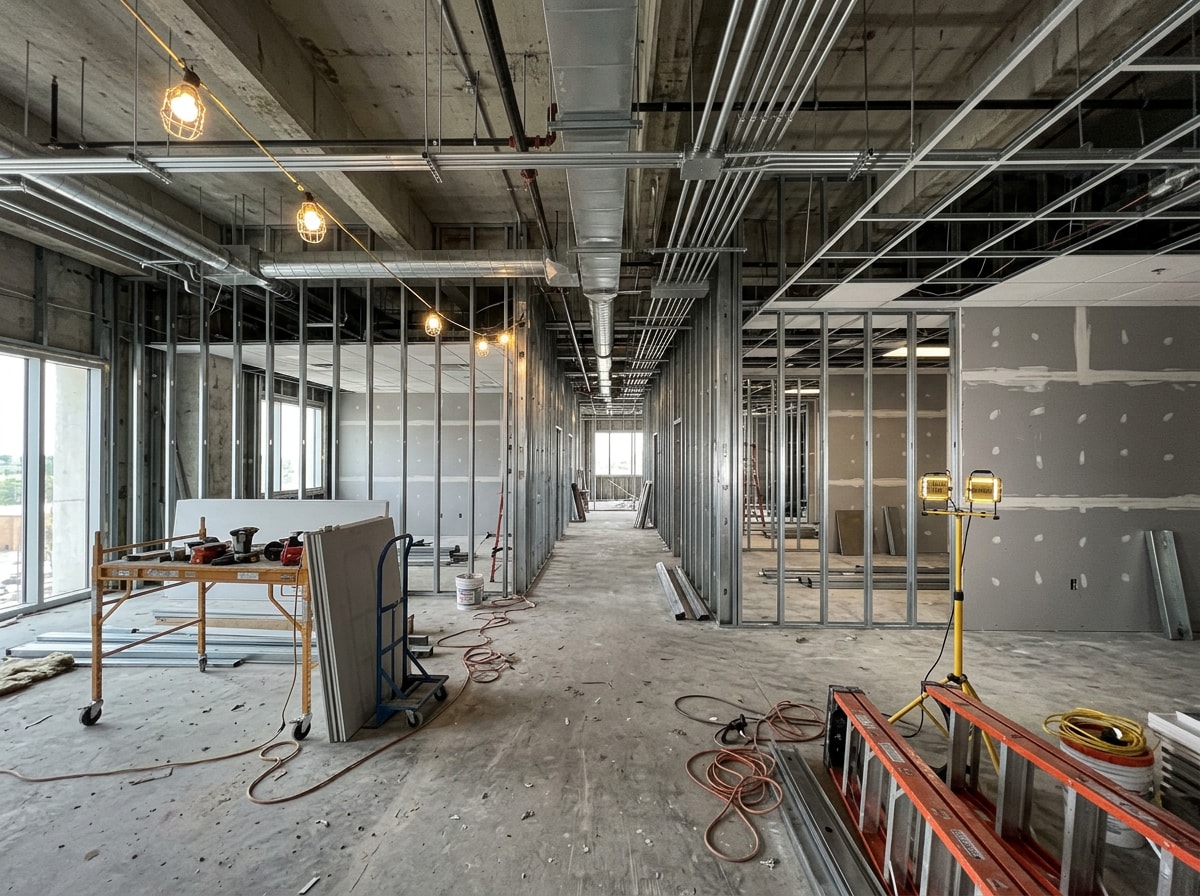 Interior of a partially completed commercial office build-out with exposed framing and new drywall