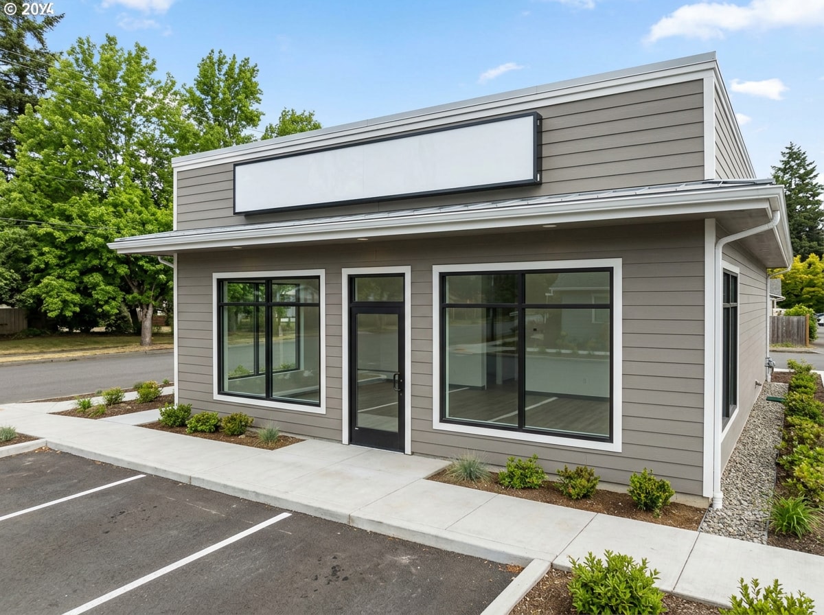 Completed commercial storefront exterior with new siding and signage ready for occupancy