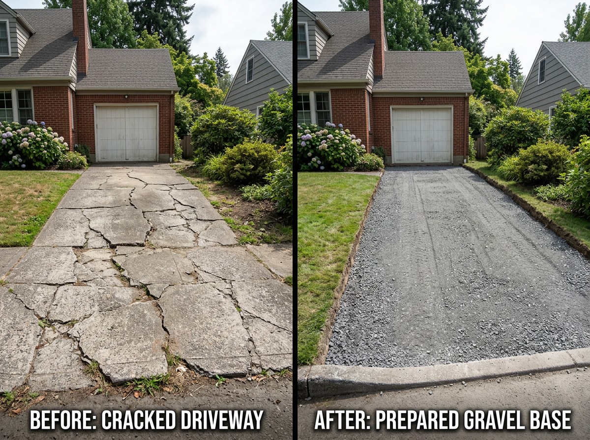 Before and after photo of a residential concrete driveway removal in Oneonta, NY