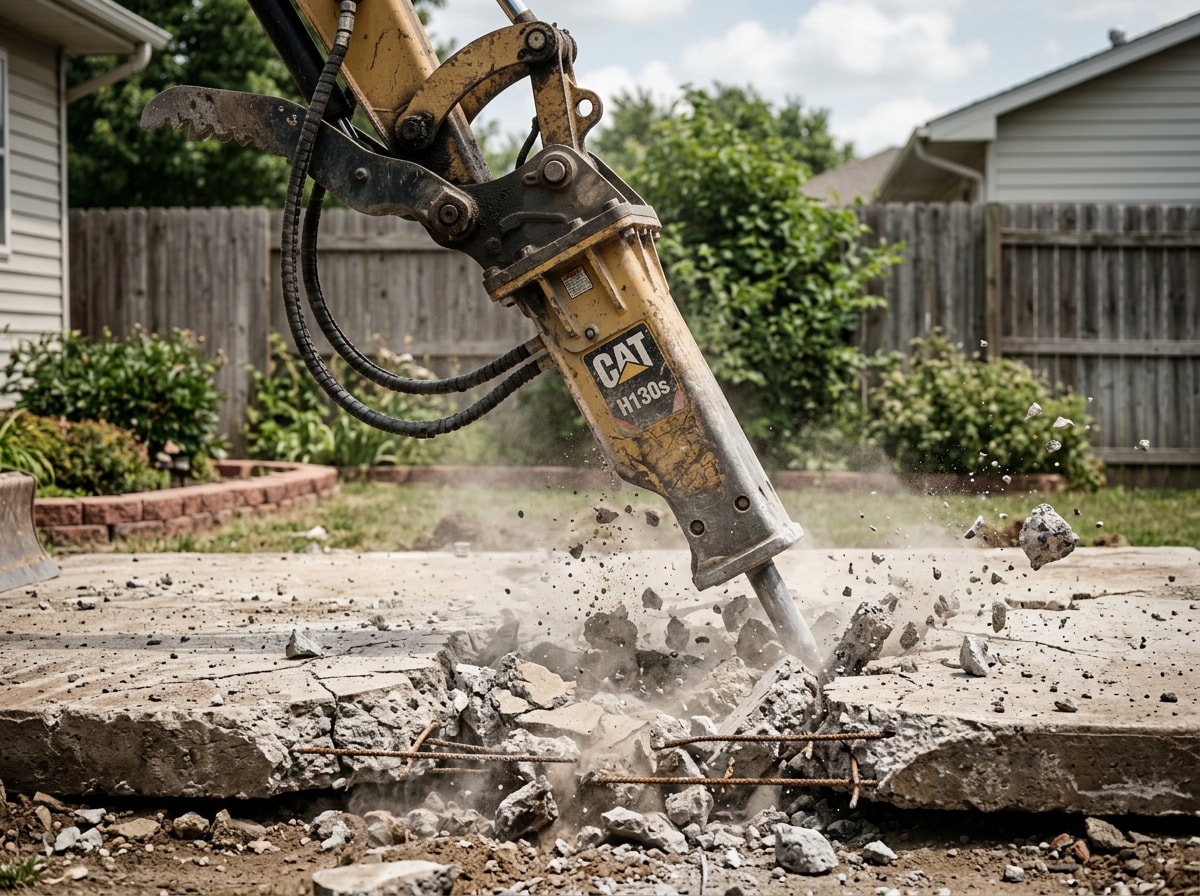 Hydraulic breaker equipment removing a concrete slab on a residential job site