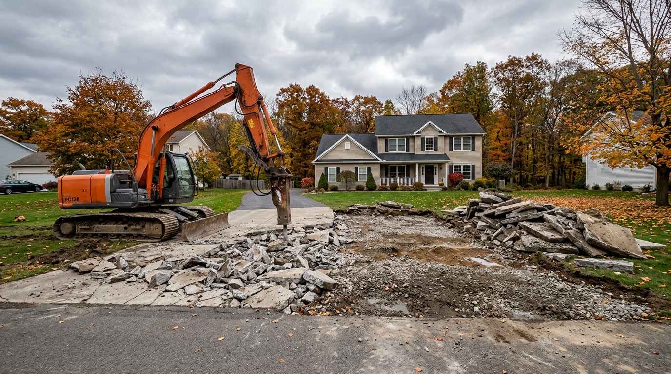 Concrete driveway demolition in progress at a residential home in Oneonta, NY