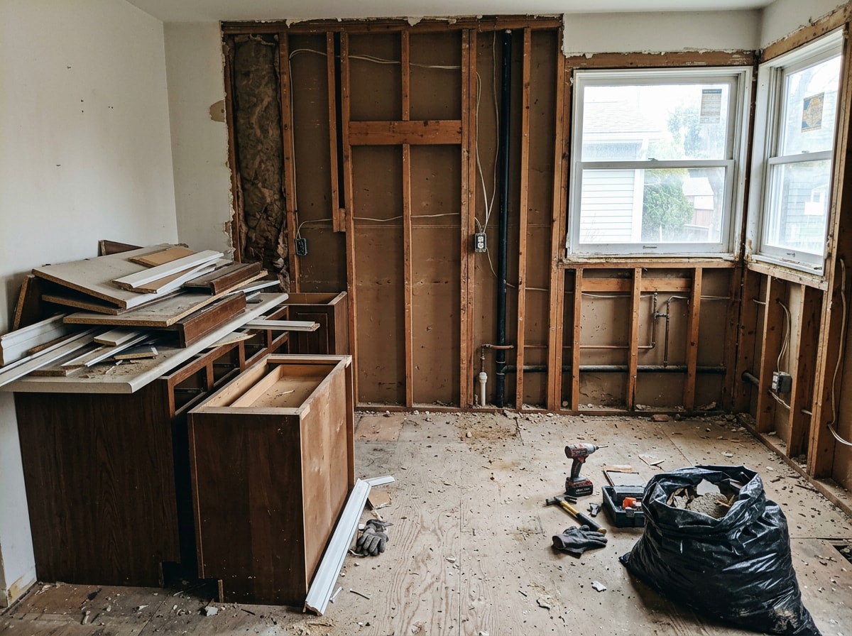 Interior demolition during a kitchen remodel showing studs and subfloor exposed