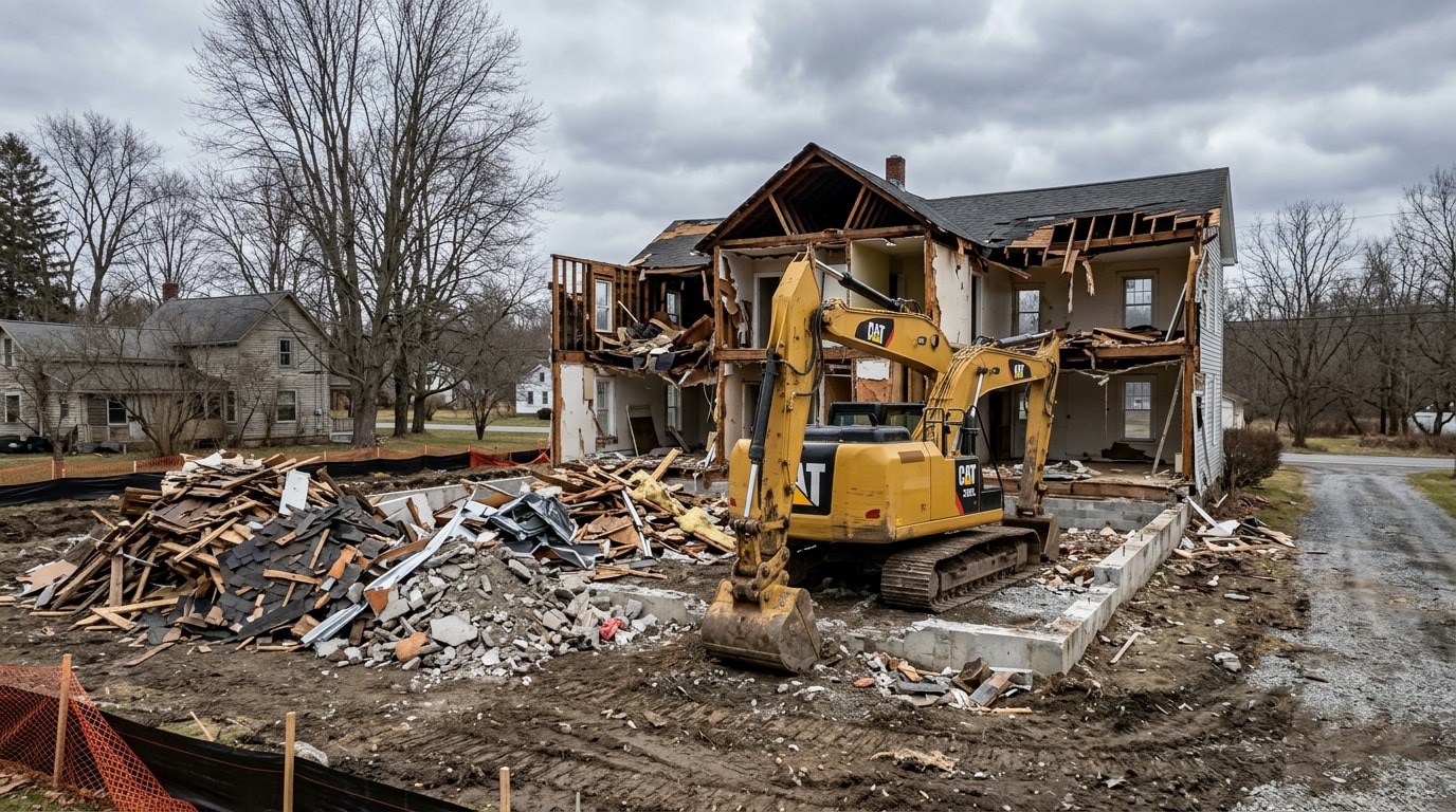 Demolition site with excavator and cleared foundation in Endicott, NY