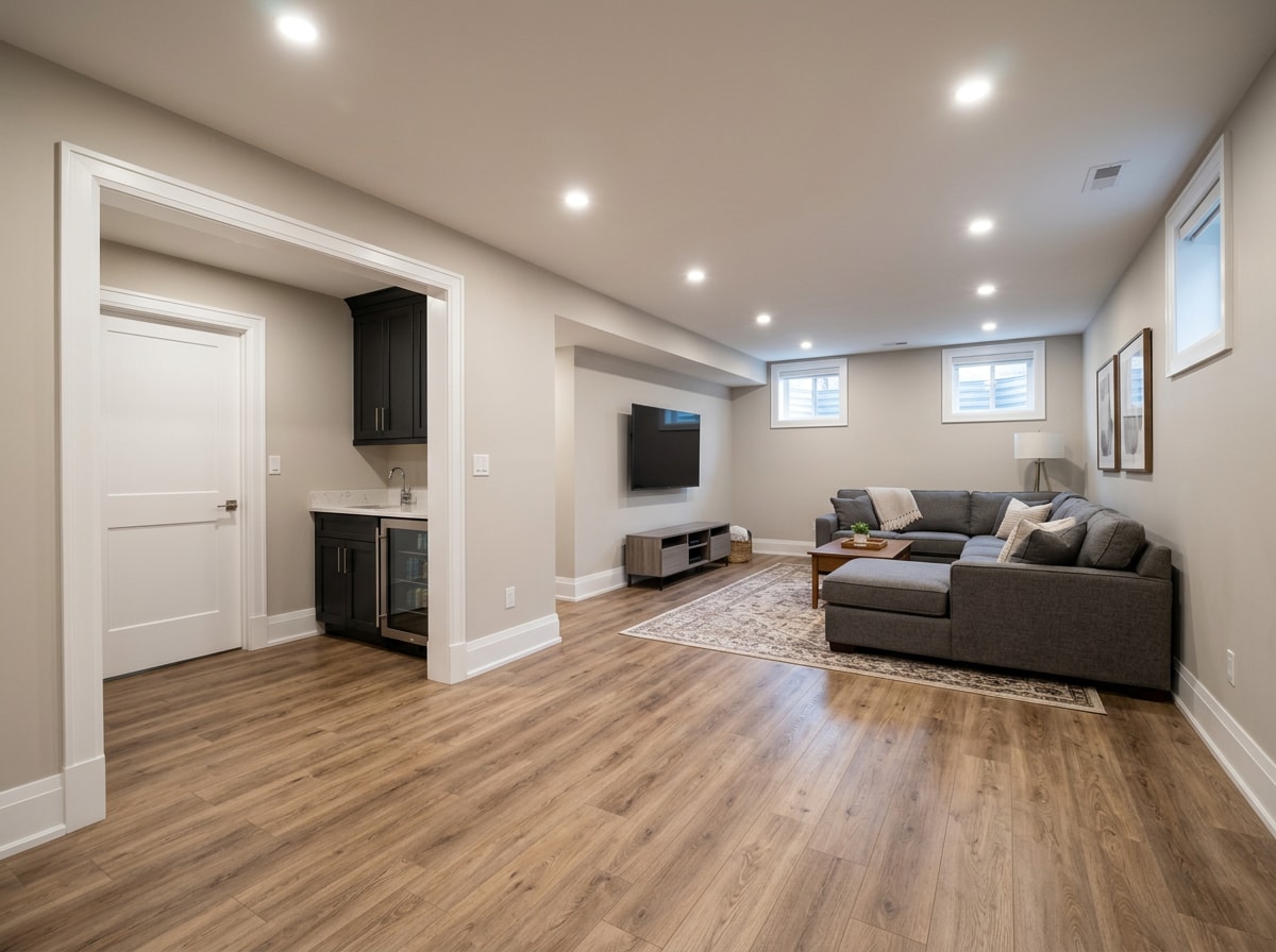 Finished basement remodel showing framed walls, flooring, and trim completed under one contract