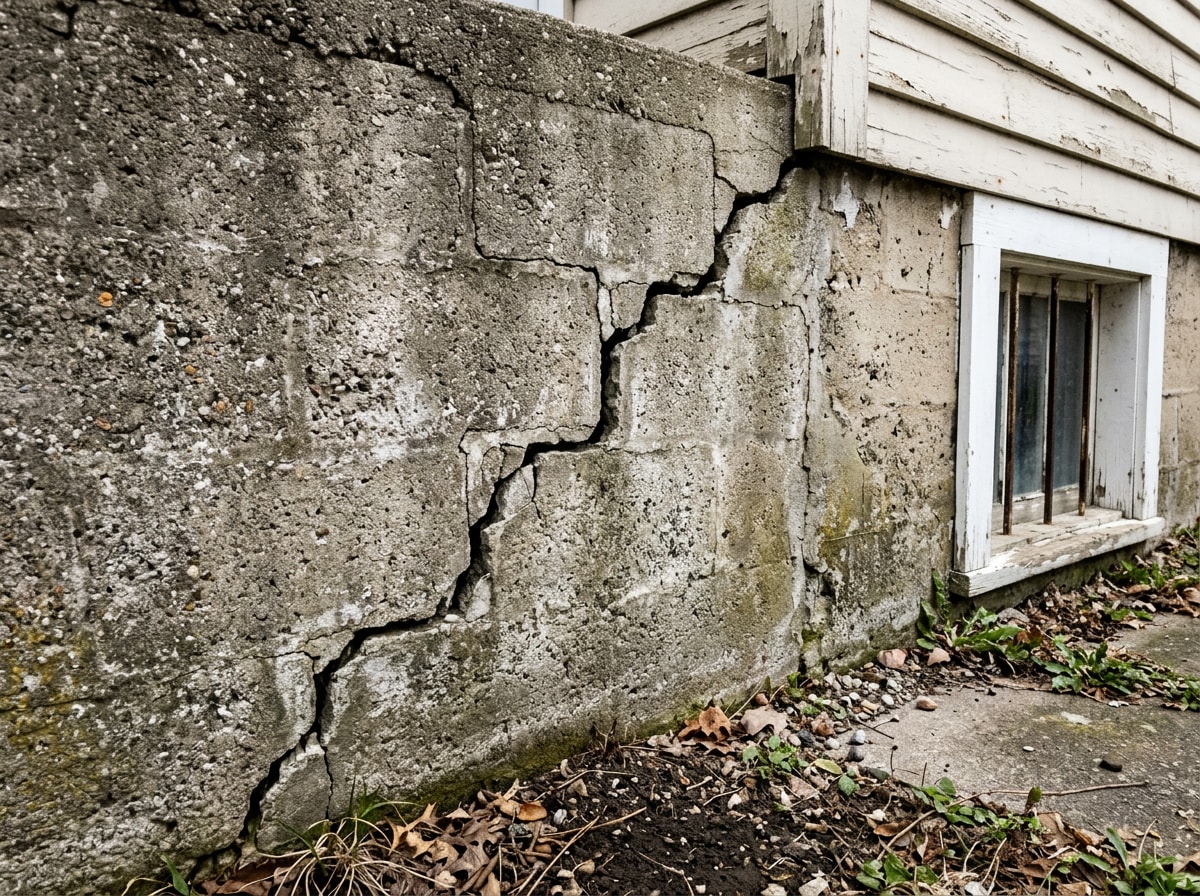 Cracked exterior foundation wall on an older home in Cobleskill, NY