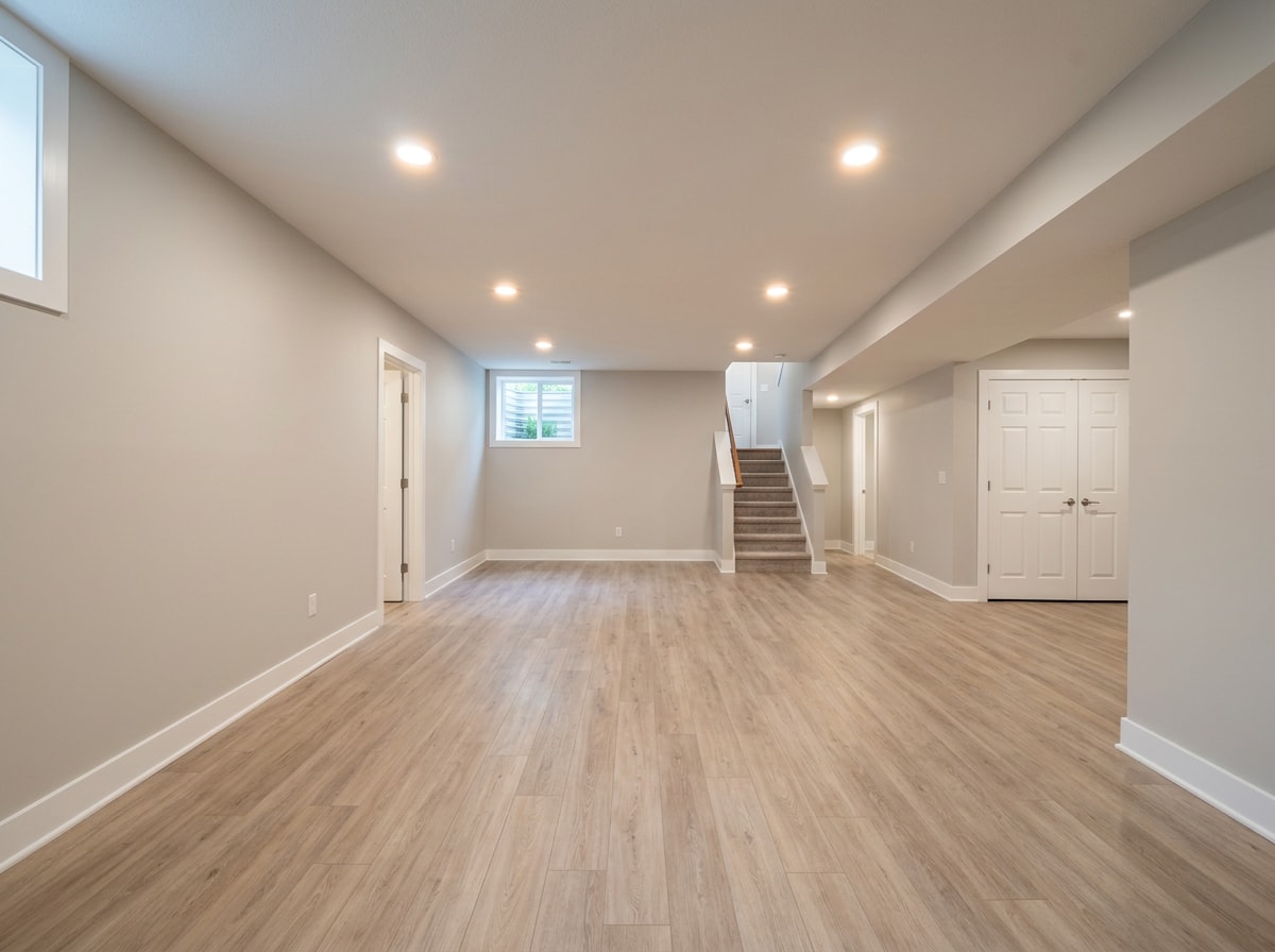 Finished basement with new drywall and trim after structural foundation repair in Cobleskill, NY