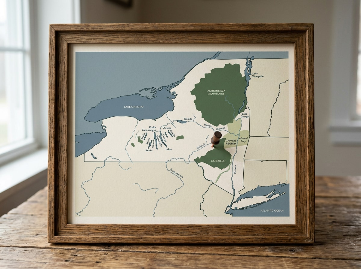Map showing New York modular home builder regional coverage relative to Gilboa and Schoharie County