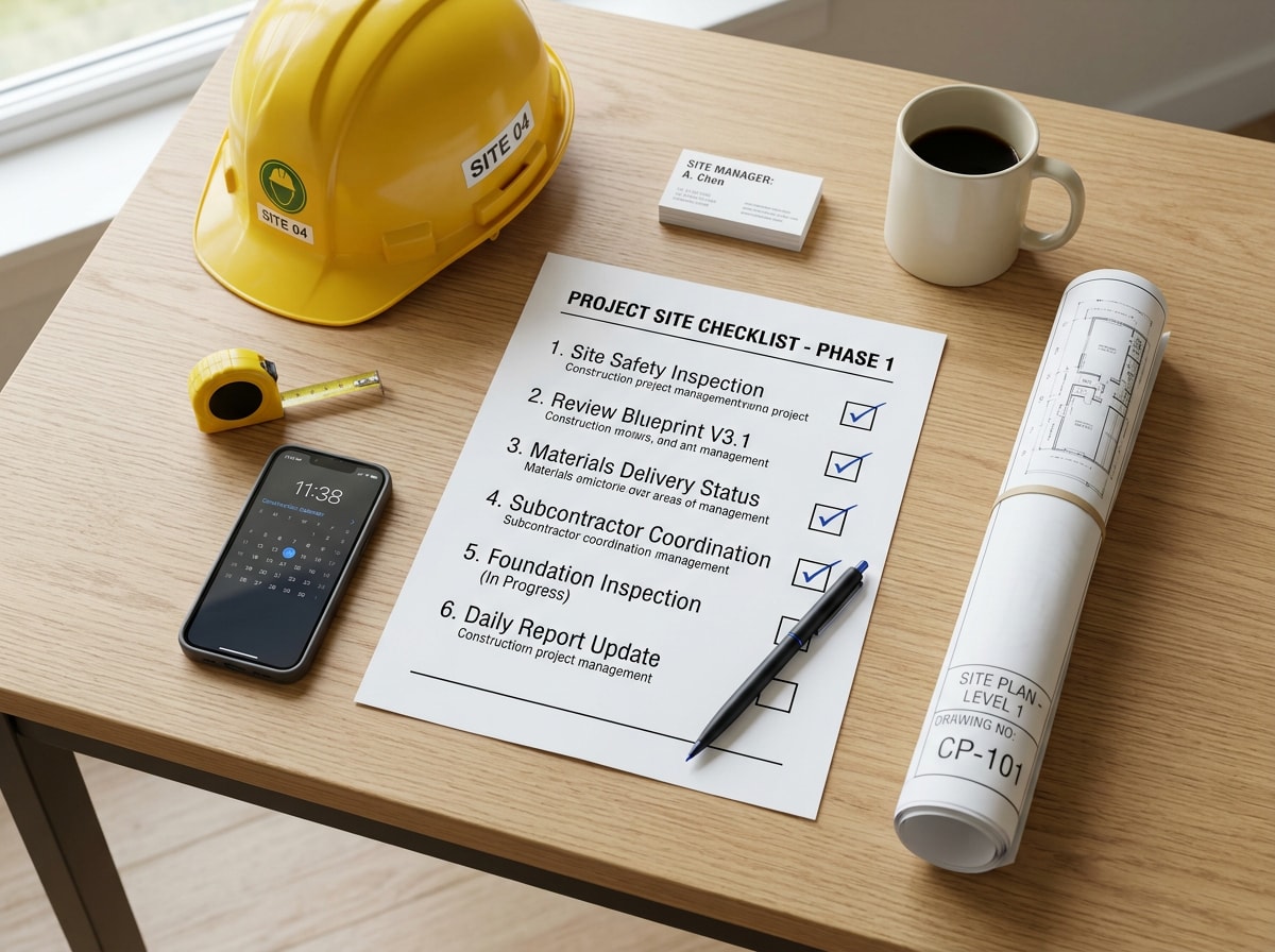 Checklist graphic showing residential construction project manager responsibilities