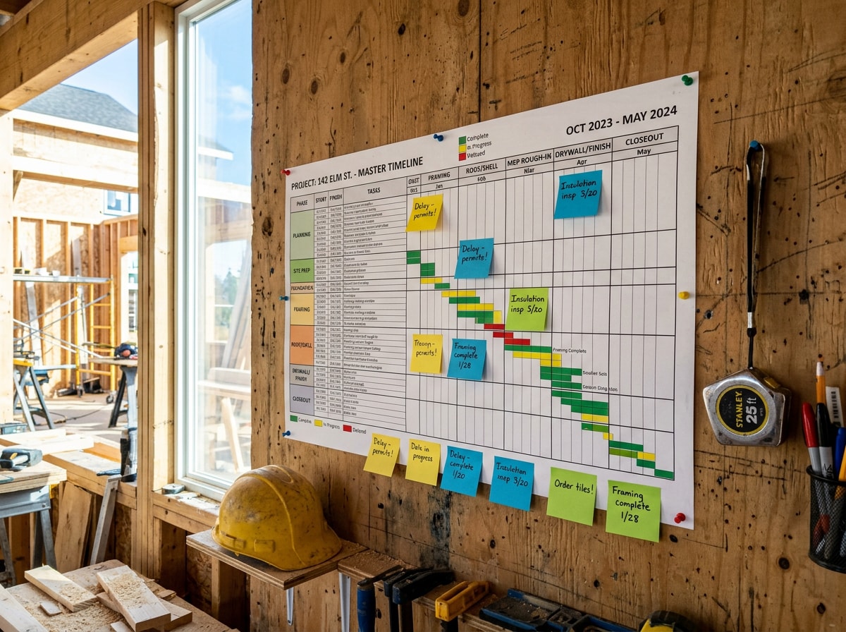 Flow diagram showing phases of construction project management from planning through closeout