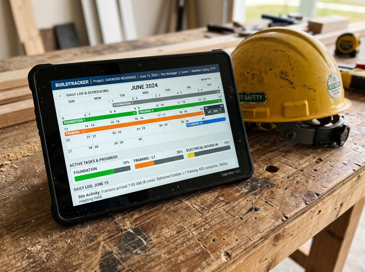 Screenshot-style graphic of a construction scheduling and daily log software dashboard