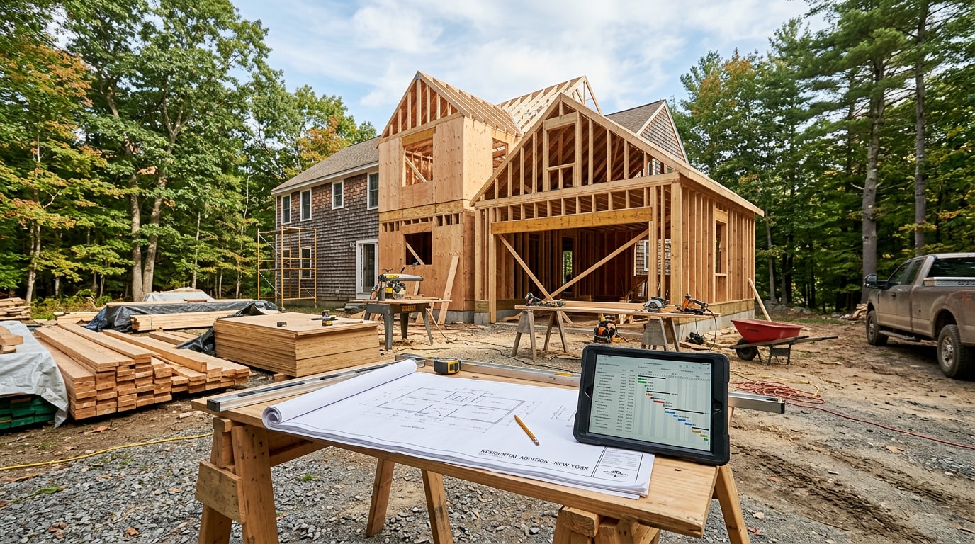 Residential construction site in Vestal, NY with blueprints and project schedule on a job site table