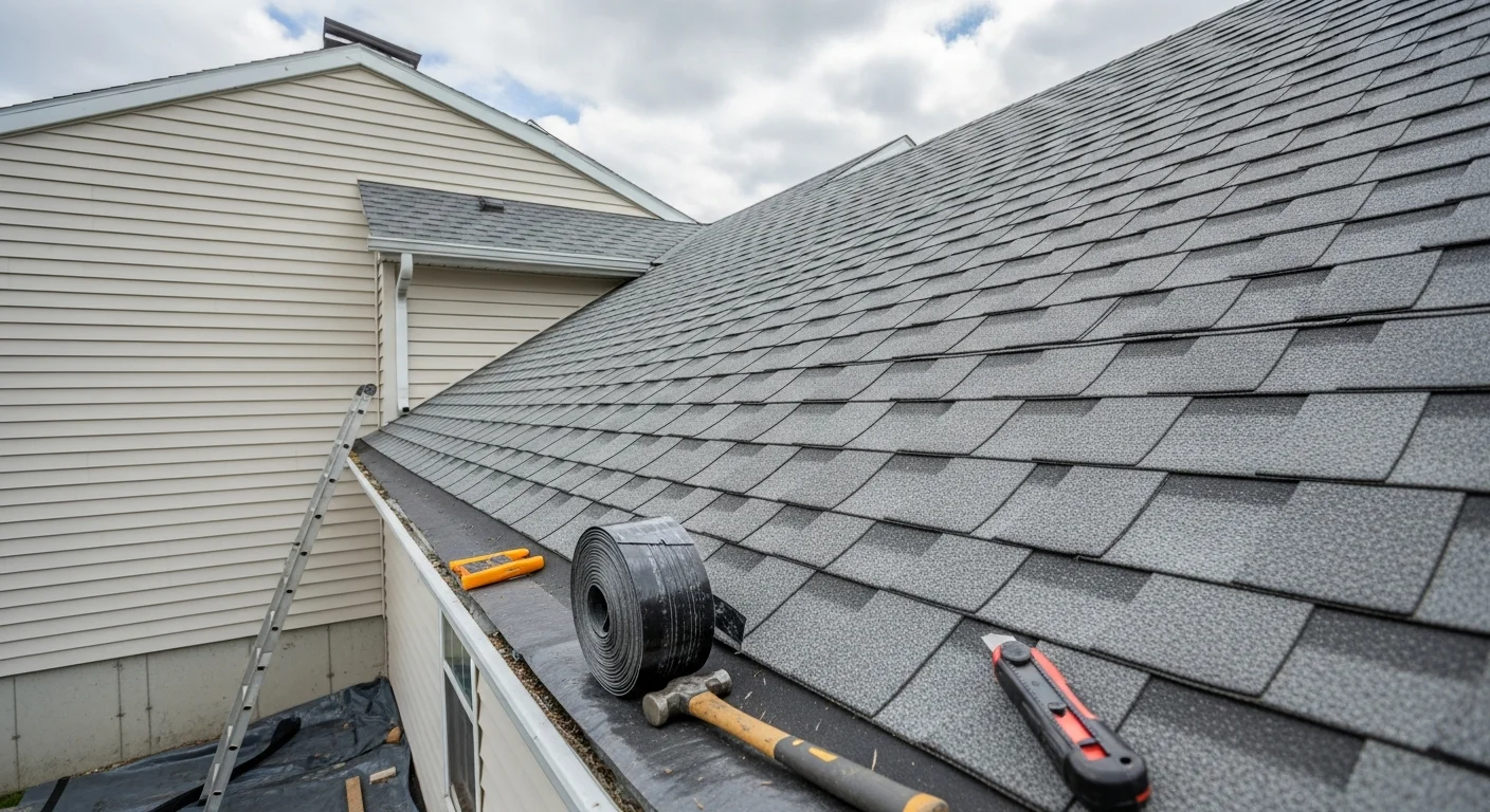 Roofer installing new roof shingles on residential home
