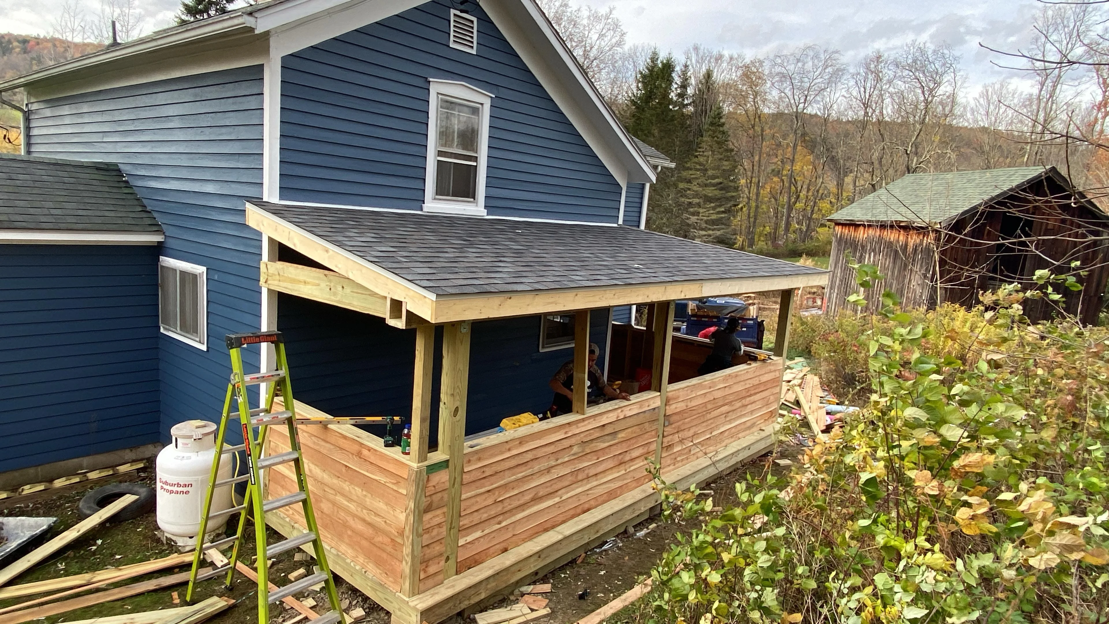 Covered deck with dimensional lumber framing and asphalt shingle roof, Vestal NY