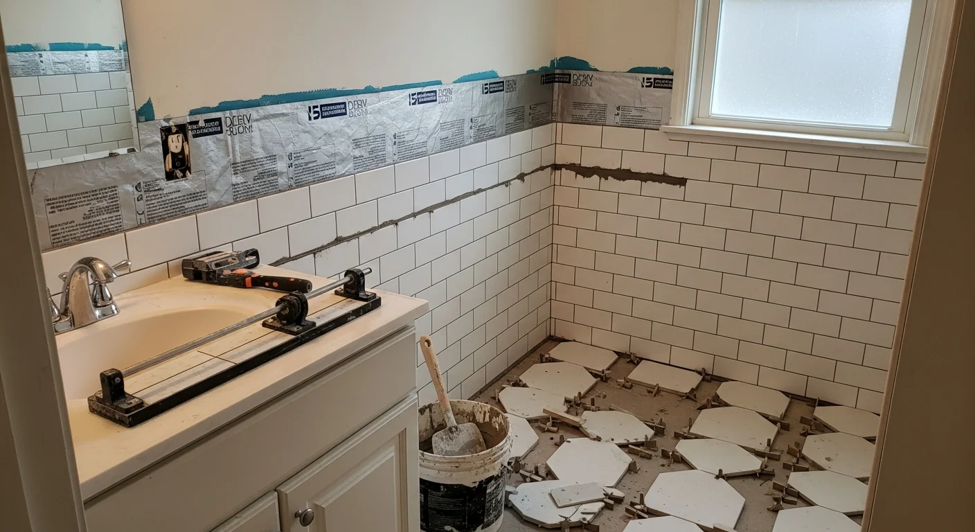 A remodeled bathroom in a Vestal home showing new wall tile, a walk-in shower, and updated vanity with modern fixtures. The space reflects a full gut remodel completed by FitandFinish Construction.