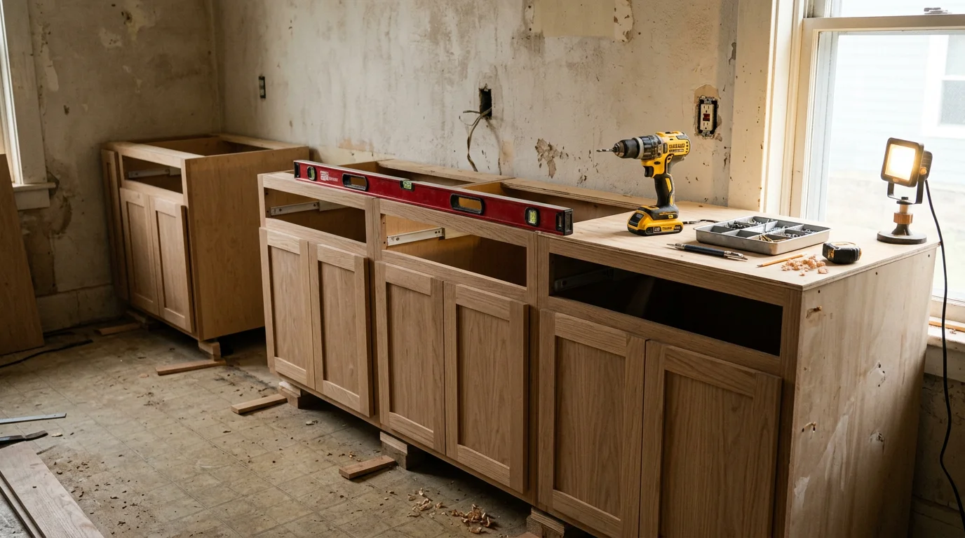Newly installed custom kitchen cabinets in a Vestal home, showing a full run of wall and base units with aligned doors and fitted hardware. The cabinets are flush against the walls with clean scribe lines and no visible gaps.