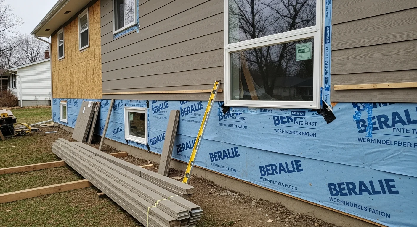 A Vestal, NY residential home with newly installed exterior cladding, showing clean corner boards, replaced window trim, and a uniform panel profile across the full facade. The finished installation reflects a complete tear-off and re-clad project completed by FitandFinish Construction.