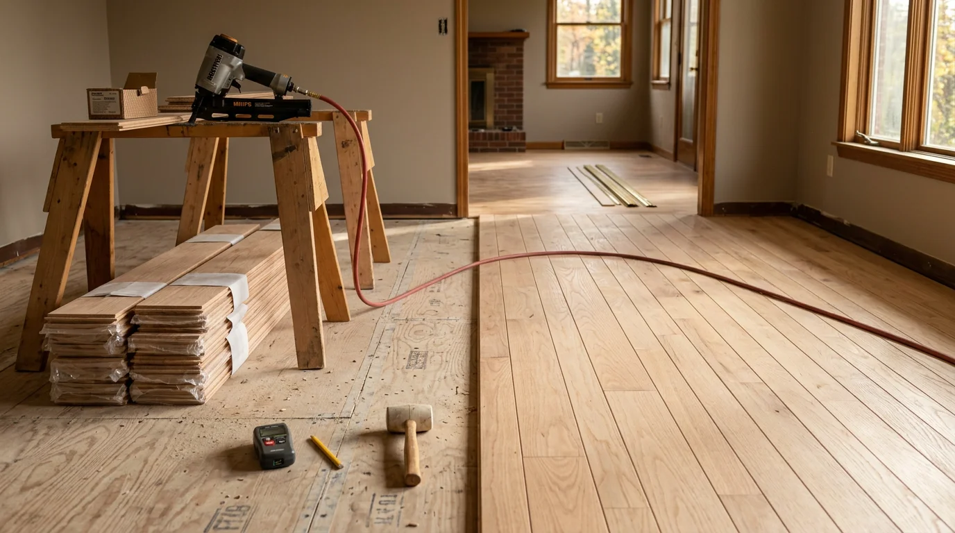 Freshly installed flooring in a Vestal, NY ranch-style home with clean edge transitions at the doorway and baseboards. The floor surface is smooth and evenly laid throughout the room.