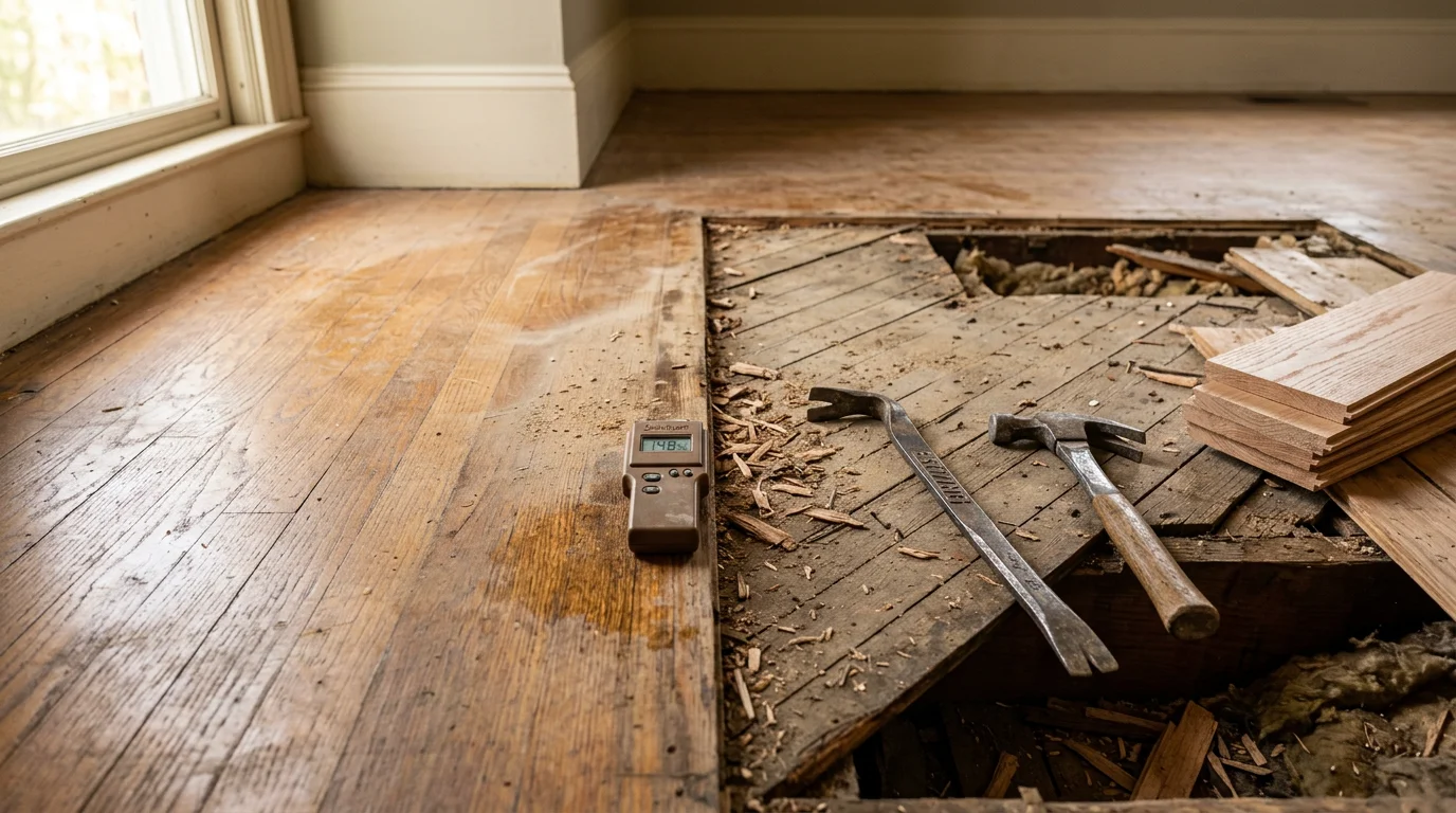 Close-up of a flooring contractor repairing a damaged wood floor section in a residential home in Vestal, NY. The surrounding boards are intact while the repaired area shows fresh, flush planks blending with the existing floor.
