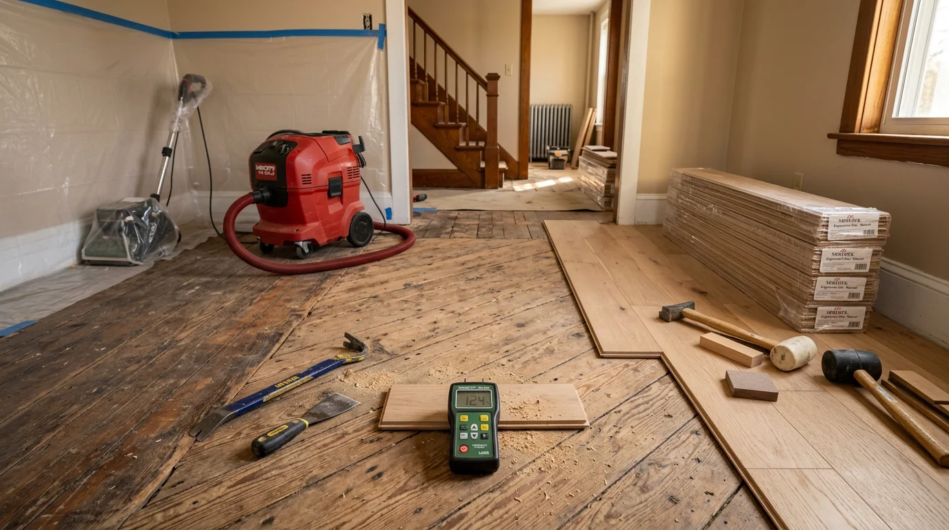 A freshly replaced floor in a Vestal, New York home, showing new flooring laid across a residential living room with clean edges and no visible seams. The old flooring has been fully removed and the room is ready for use.