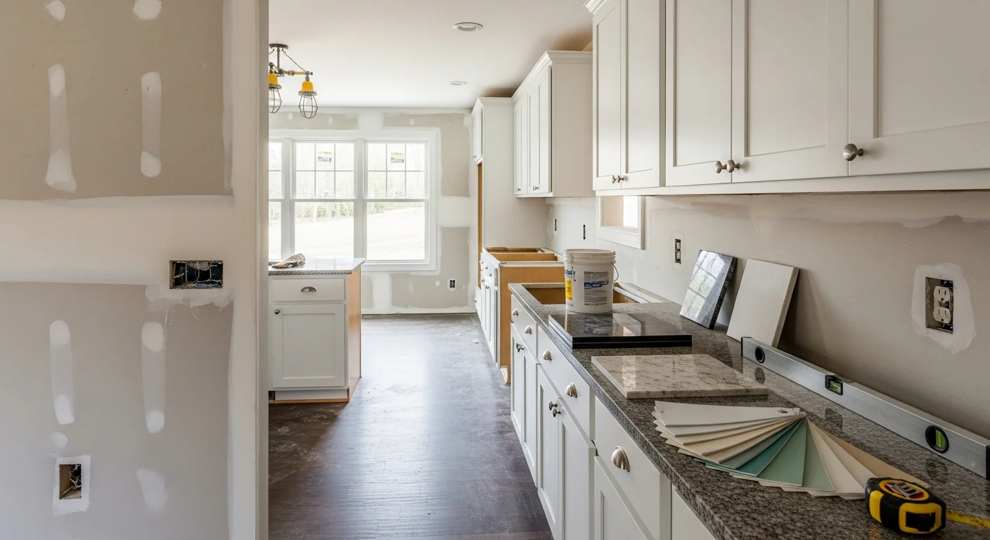 Finished interior remodel inside a single-family home in Vestal, NY, showing updated flooring, fresh drywall, and modernized living space. FitandFinish Construction completed the full-room renovation for a local Vestal homeowner.