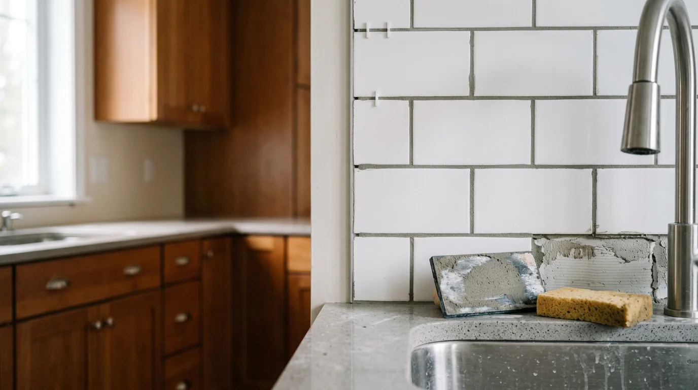 Freshly installed tile backsplash covering the wall between the countertop and upper cabinets in a Vestal, New York kitchen. Grout lines are even and tile cuts are clean around the electrical outlet near the stove.