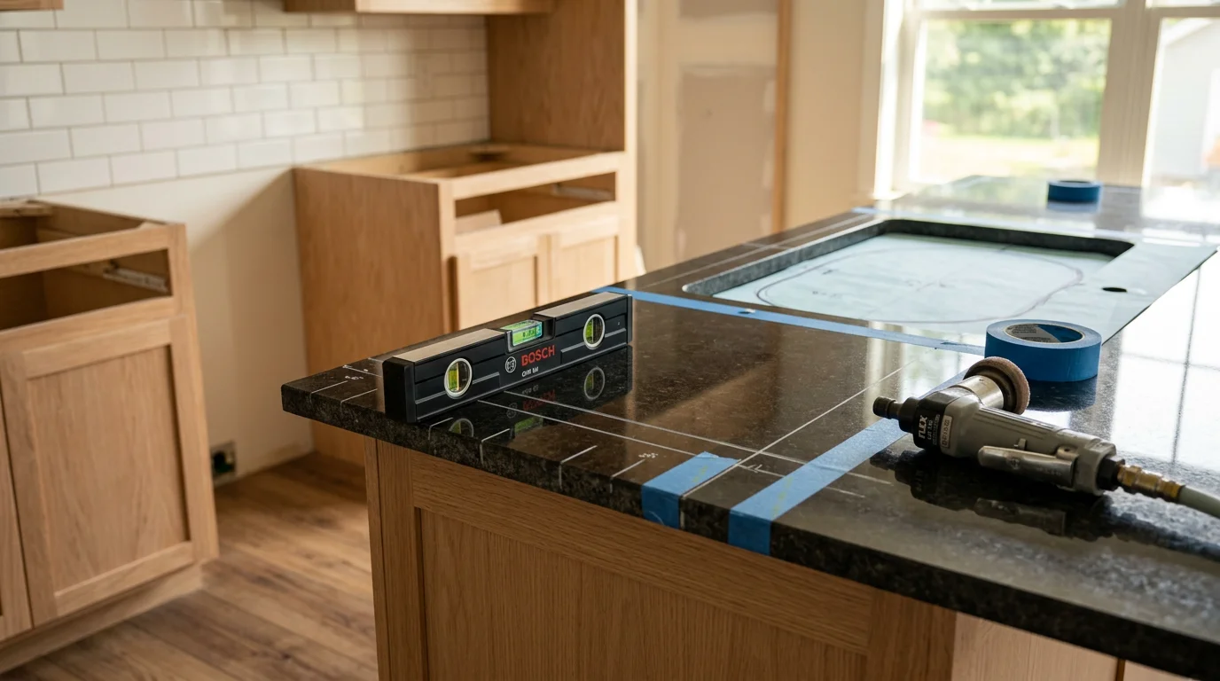 Newly installed kitchen countertop with clean edge finishing and sink cutout in a Vestal area home. The surface sits flush against the cabinetry in a residential kitchen with natural light.