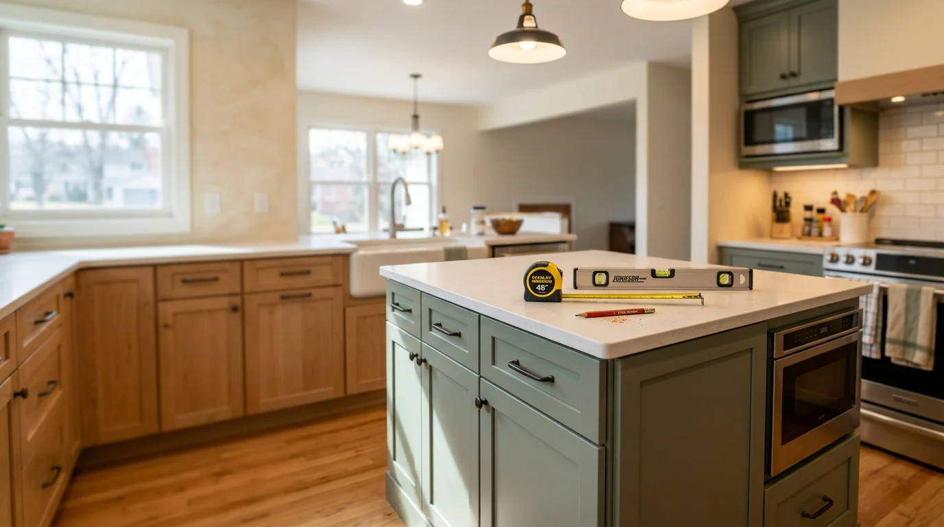 A finished kitchen island installation in a Vestal home, showing a custom cabinet base with countertop seating and open prep space. The island sits centered in the kitchen with clear walkways on all sides.