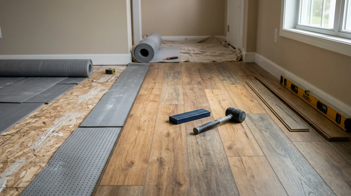 Freshly installed laminate flooring with a wood-look finish in a residential living room in Vestal, New York. Clean plank rows run wall to wall with finished trim along the baseboards.