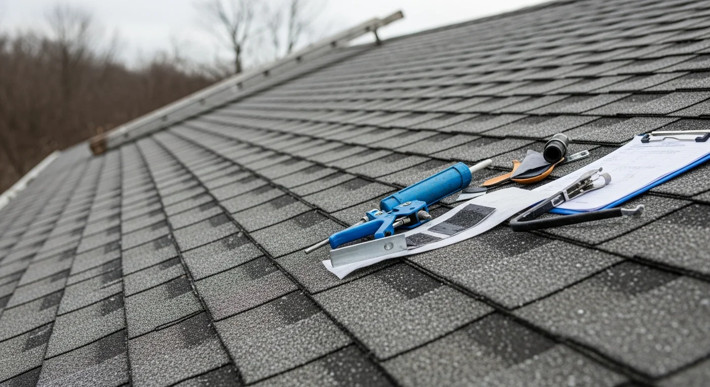 A FitandFinish Construction roofer inspecting damaged flashing and shingles on a residential roof in Vestal, NY. Close-up view shows the repaired roof section with sealed flashing along a valley after a leak repair service.