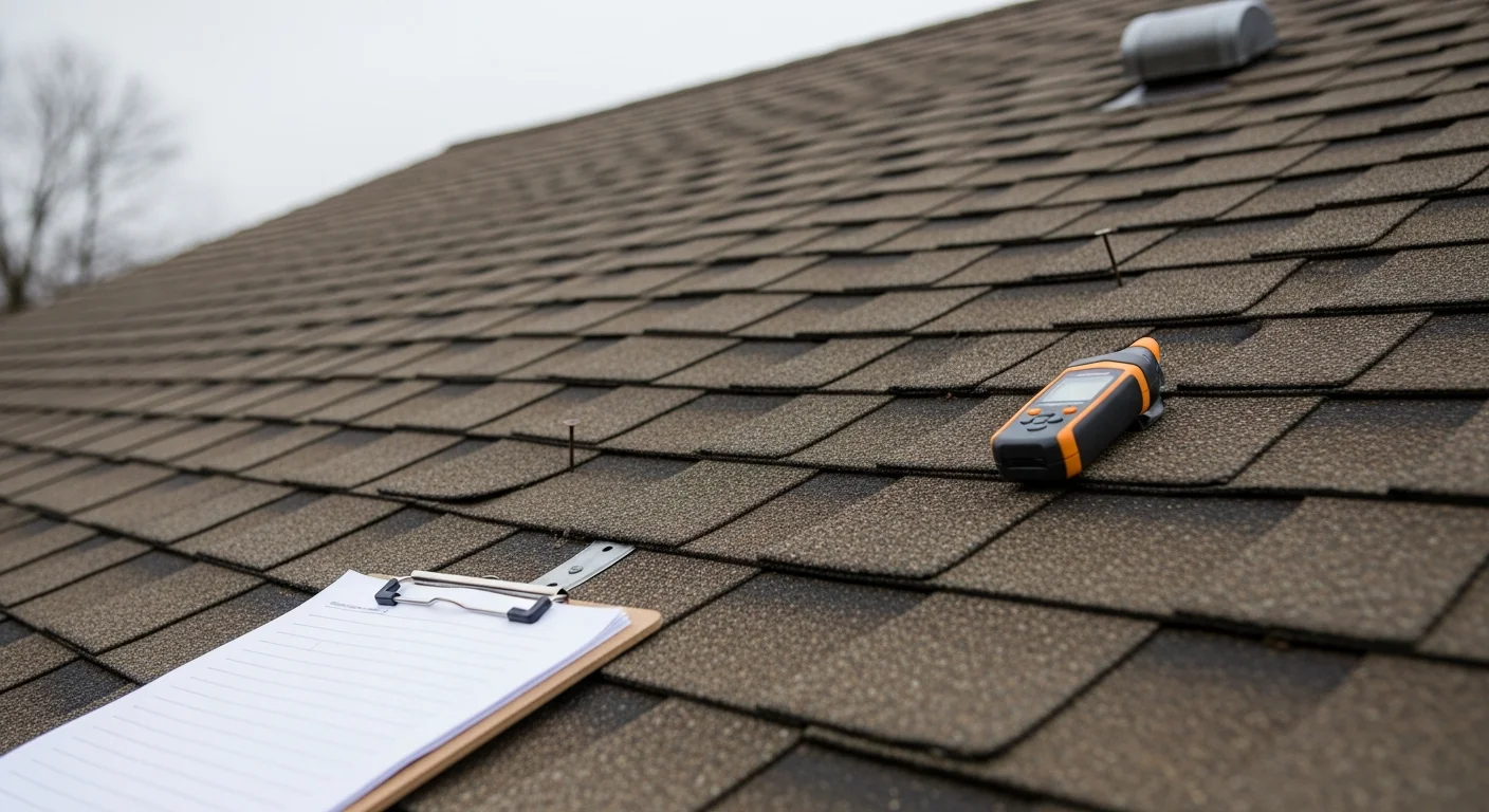 A FitandFinish Construction roofer inspecting the shingle field and flashing on a single-family home in Vestal, NY. The inspector documents findings on a sloped residential roof typical of the area's mid-century cape and ranch housing stock.