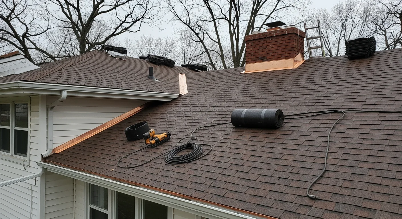 A completed residential roof installation on a single-family home in Vestal, New York, showing clean field material, finished ridge line, and properly set flashing along the eaves and valleys. The home sits in a suburban Vestal neighborhood typical of the town's mid-20th-century housing stock.