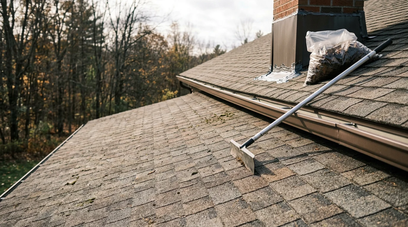 A roofing contractor from Fit and Finish Construction inspecting shingles and flashing on a residential roof in Vestal, New York. The image shows a close view of the roof surface with cleared gutters and intact flashing around a chimney.