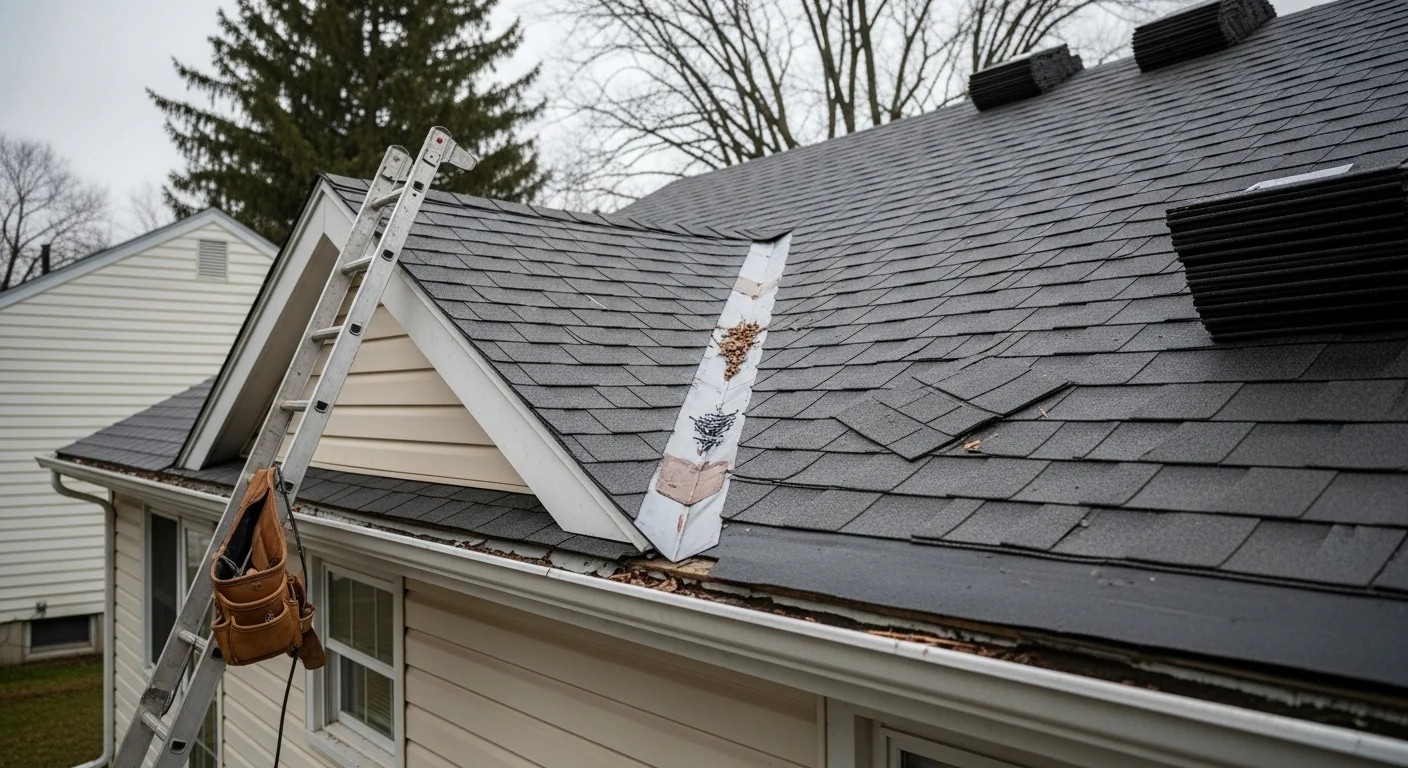 A roofing contractor repairing damaged shingles and flashing on a single-family home in Vestal, NY. The image shows a pitched residential roof with repaired valley sections and replaced shingles against a typical Upstate New York suburban backdrop.