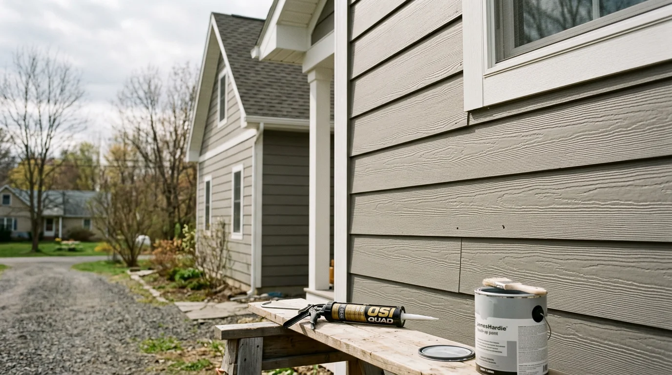 A siding contractor from Fit and Finish Construction closely examining exterior siding panels on a residential home in Vestal, New York, checking seams and trim for damage.
