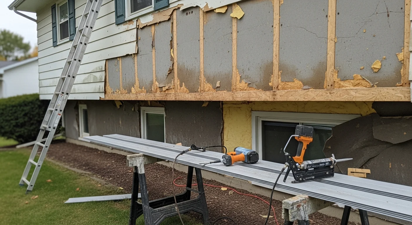 A Vestal, NY split-level home with freshly repaired exterior siding, showing matched panels along the front wall where storm damage was removed and replaced. The repaired section blends with the surrounding original siding on a mid-century residential property.