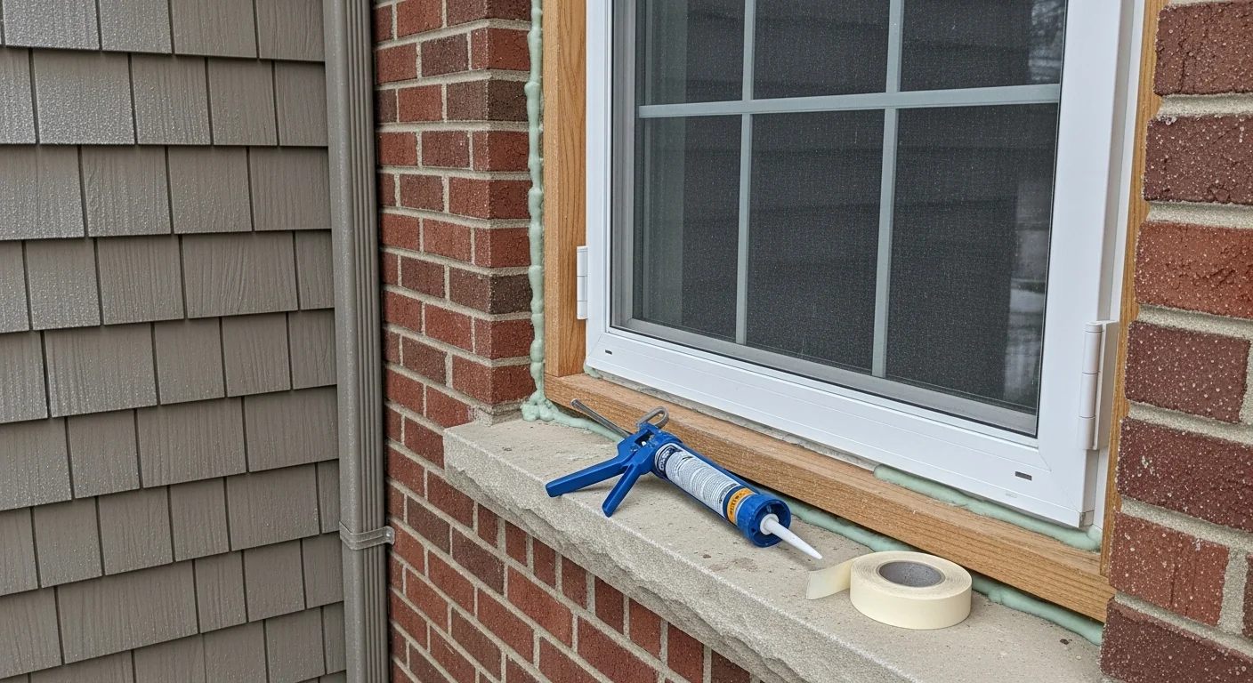 A storm window freshly installed over a wood-frame window on a residential home in Vestal, New York, with tight edge seals visible against the exterior trim. Snow-dusted ground is visible in the background, showing the winter installation context.