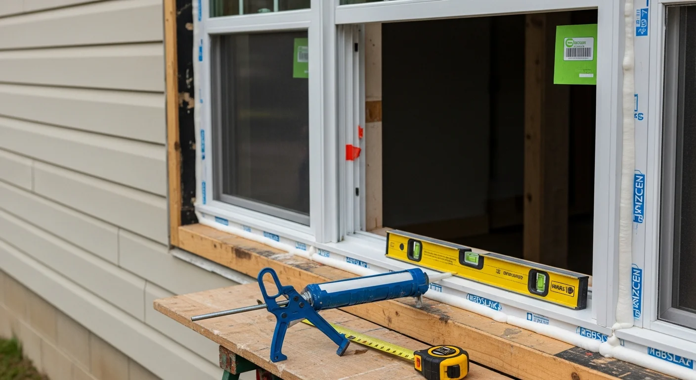 A FitandFinish Construction installer fitting a new double-hung window into a single-family home in Vestal, NY. The exterior frame is freshly sealed and the surrounding siding shows a clean, weathertight finish.