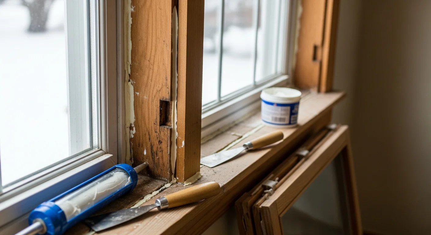 A repaired double-hung window on a Vestal home exterior showing a clean, sealed frame with no visible gaps or damage. A contractor from FitandFinish Construction inspects the finished window unit from outside the home.