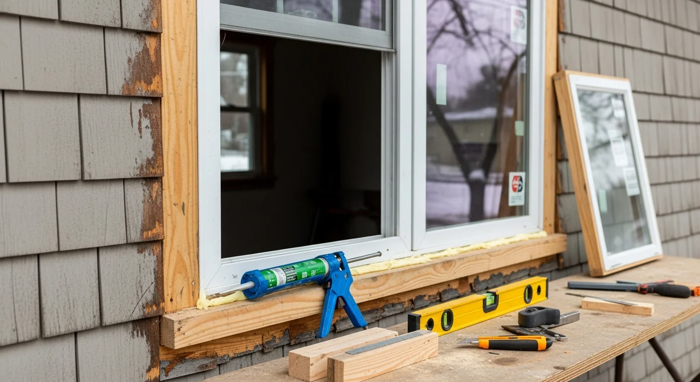 A freshly installed replacement window on the exterior of a mid-century ranch-style home in Vestal, NY, showing a clean frame seal and new insulated glass against a residential street backdrop. Close-up view highlights the tight perimeter seal where the new window meets the existing siding.