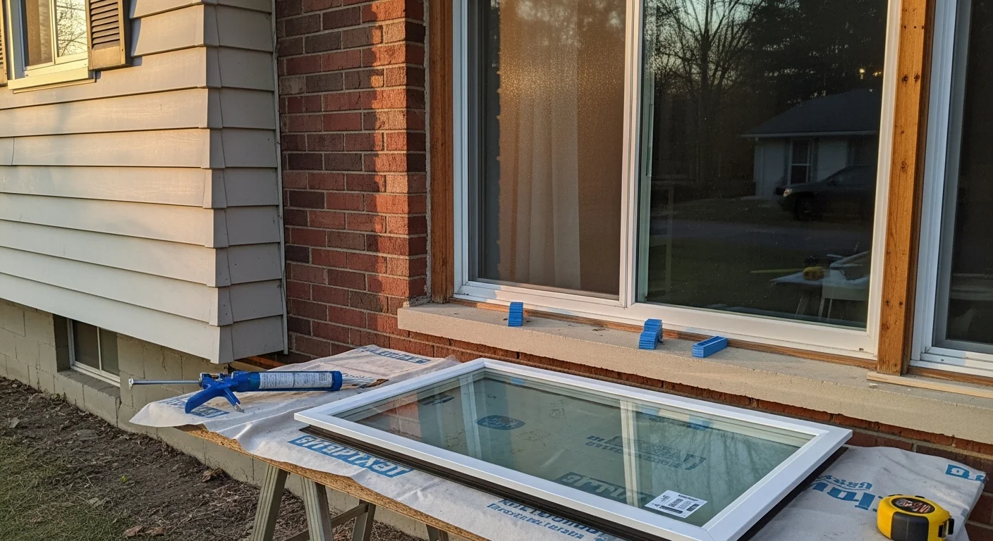 A Vestal contractor from FitandFinish Construction installing a new window unit into the frame of a mid-century ranch-style home. The exterior siding and surrounding trim remain undisturbed during the upgrade process.
