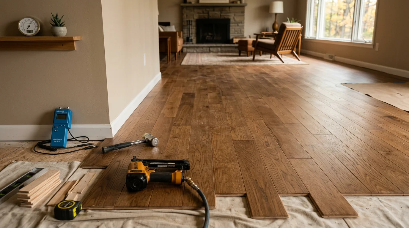 Freshly installed wood flooring in the living room of a single-family home in Vestal, New York, with tight plank seams and a clean, even finish. Natural light from a front window highlights the grain and smooth surface of the newly laid floor.